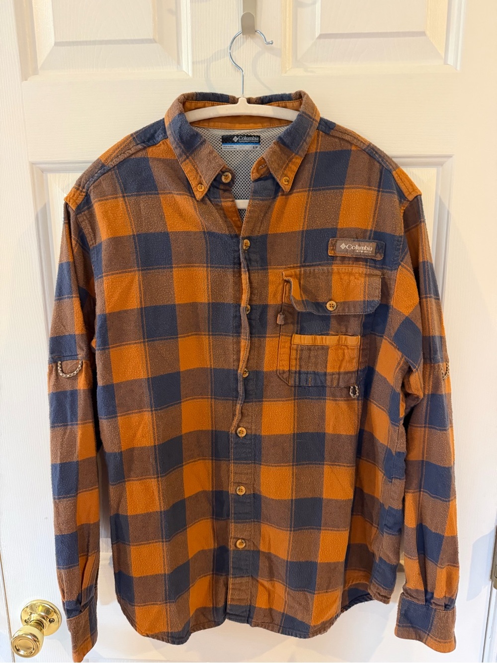 Columbia Orange and Navy Plaid Button-Down Shirt